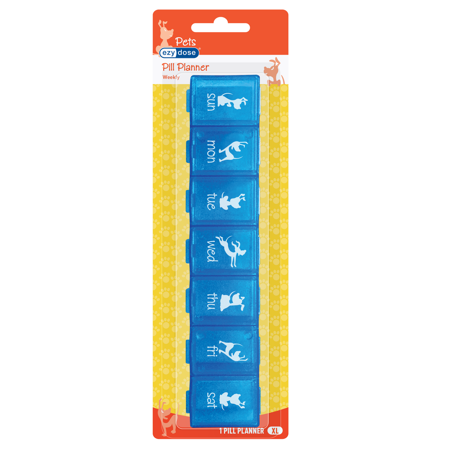 Front packaging of x-large weekly pill organizer for dogs