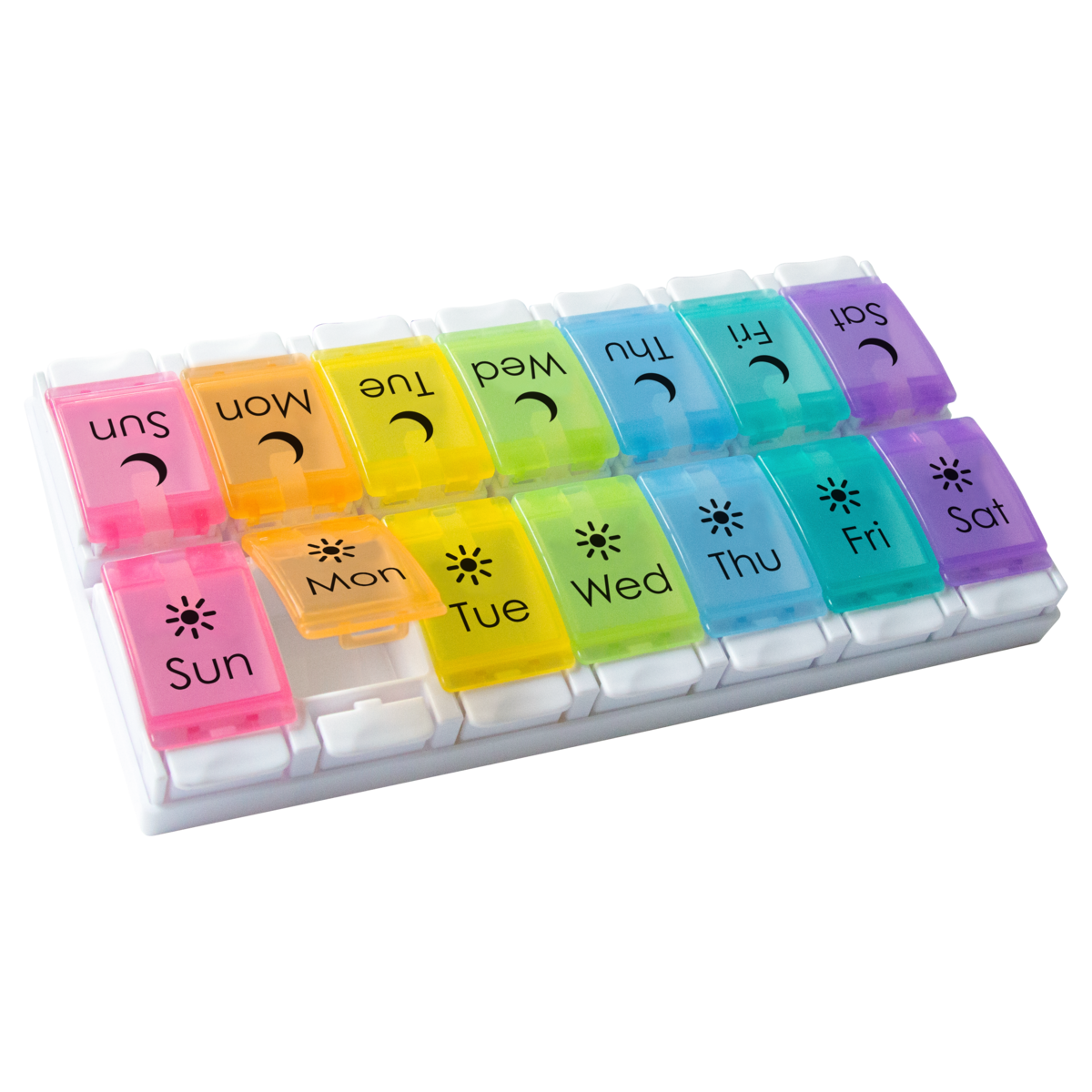 Rainbow push button weekly pill organizer, 2 times a day, am/pm pill organizer