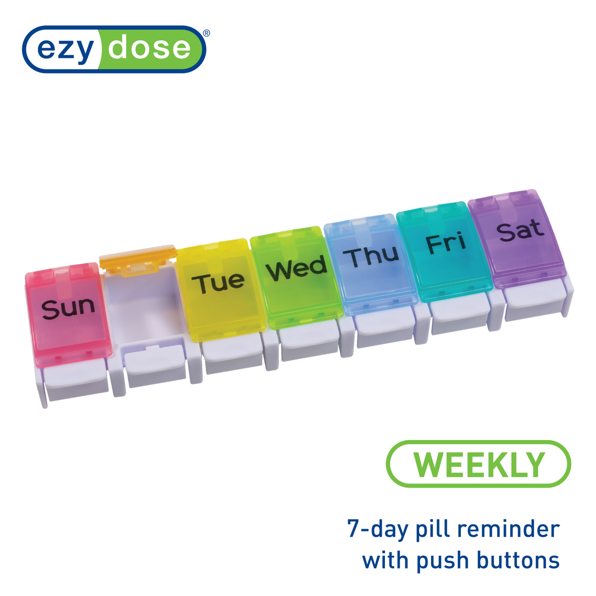 Weekly rainbow pill organizer with push buttons