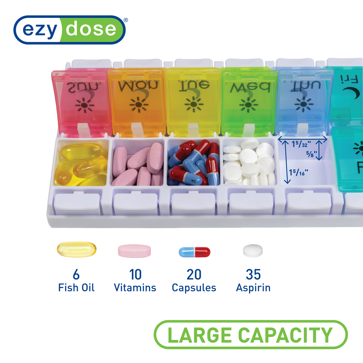 Infographic of rainbow weekly pill organizer pill capacity amounts