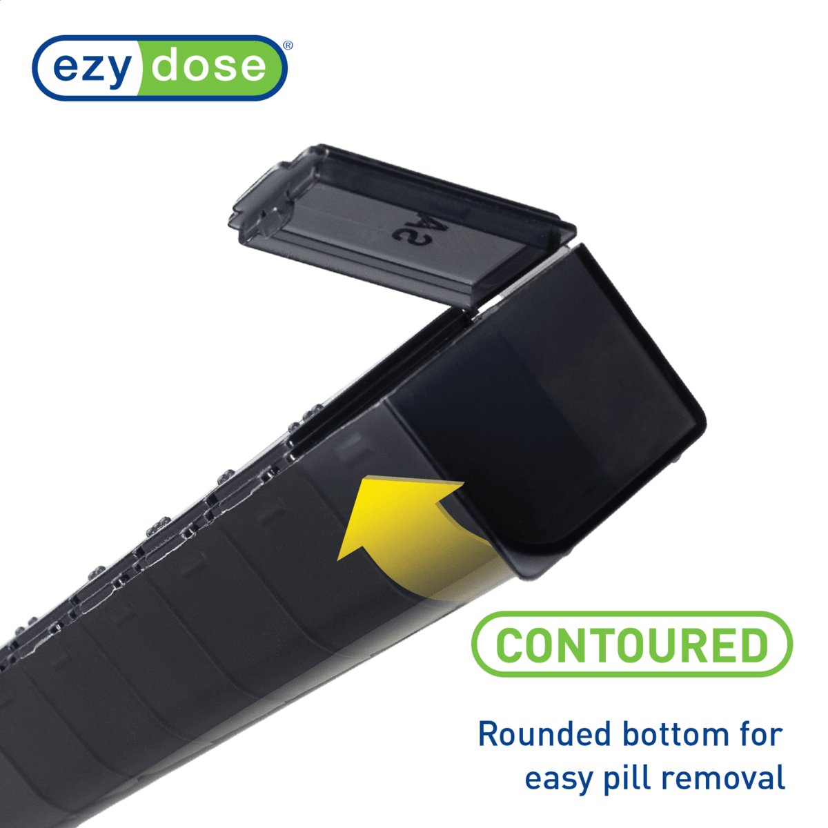 Black pill organizer with a rounded bottom for easy pill removal