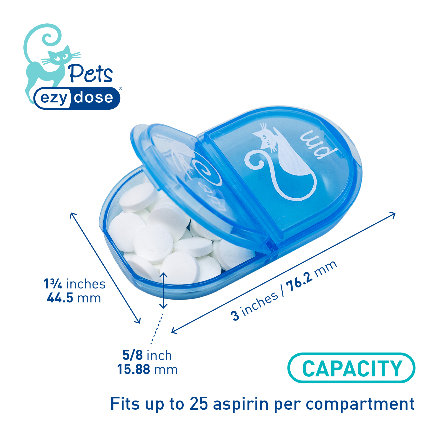 Daily am/pm pill organizer fits up to 25 aspirin per compartment