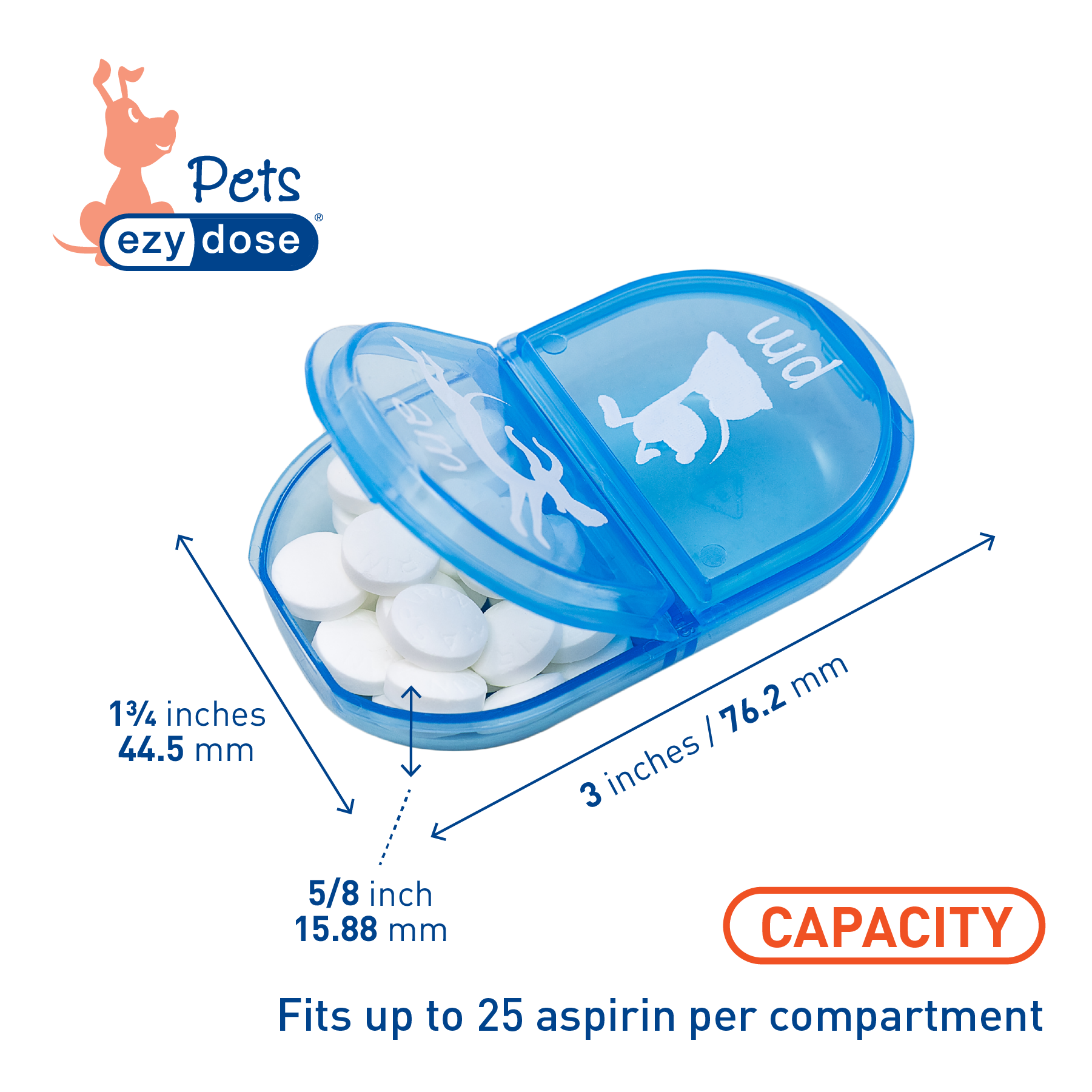 Daily am/pm pill organizer fits up to 25 aspirin per compartment