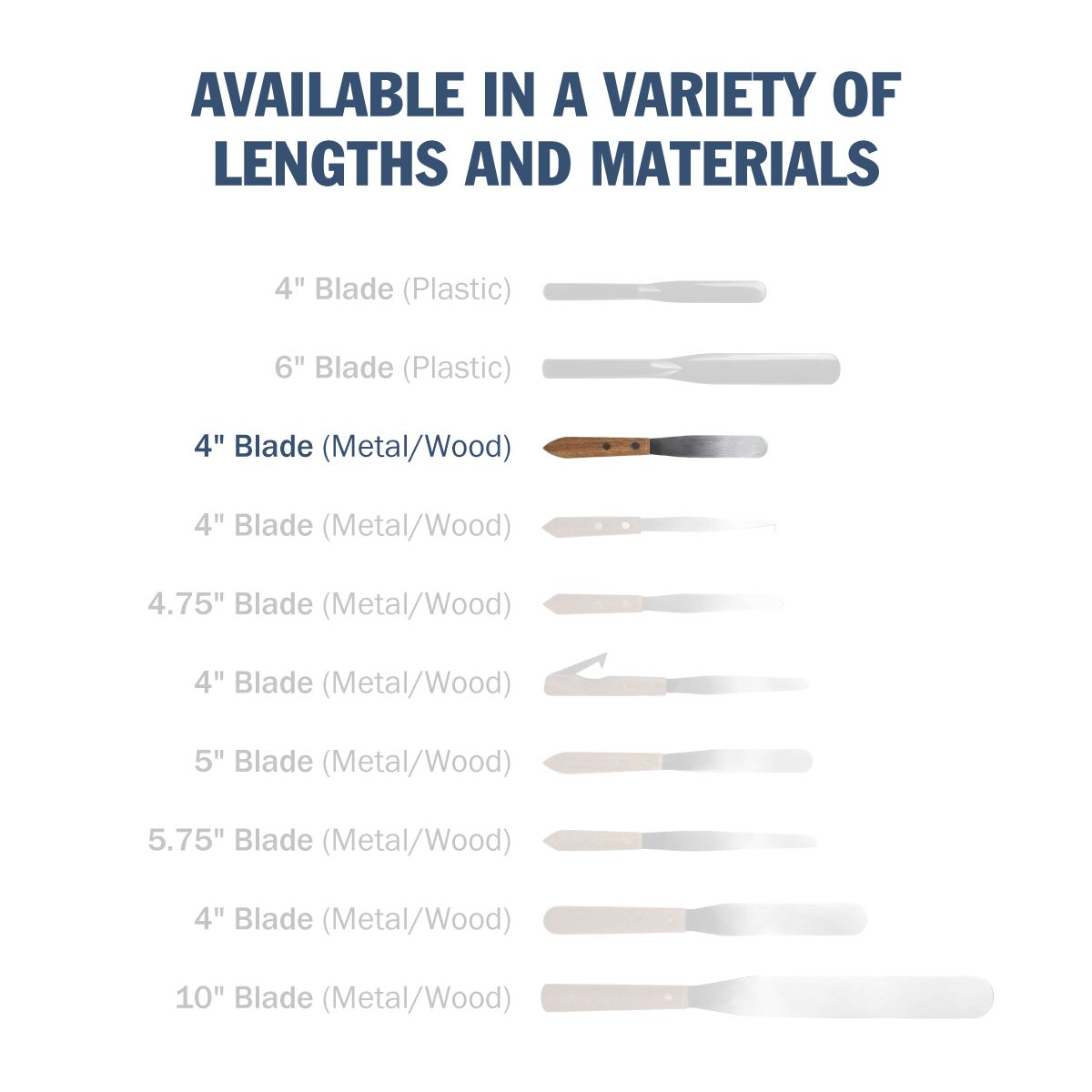 Stainless steel spatula is available in a variety of lengths and materials, 4" blade