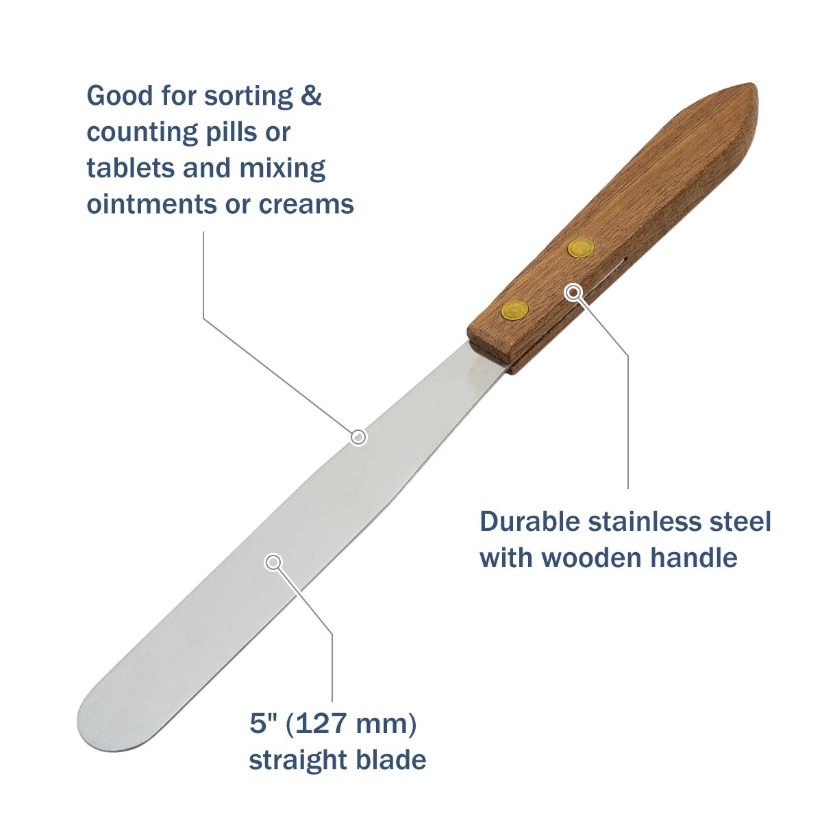 5" Stainless Steel Spatula has durable stainless steel with wooden handle
