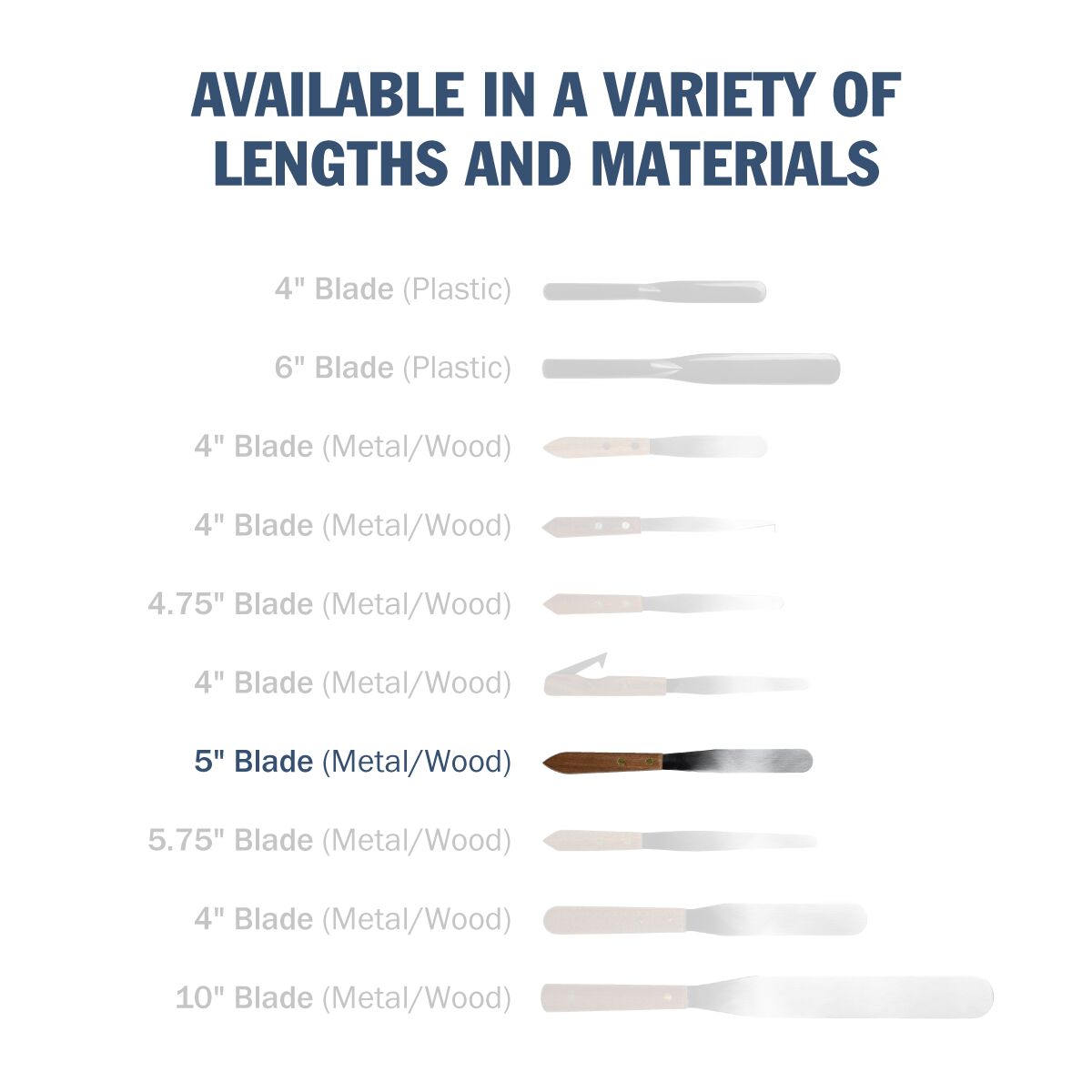 Stainless steel spatula is available in a variety of lengths and materials, 5" blade