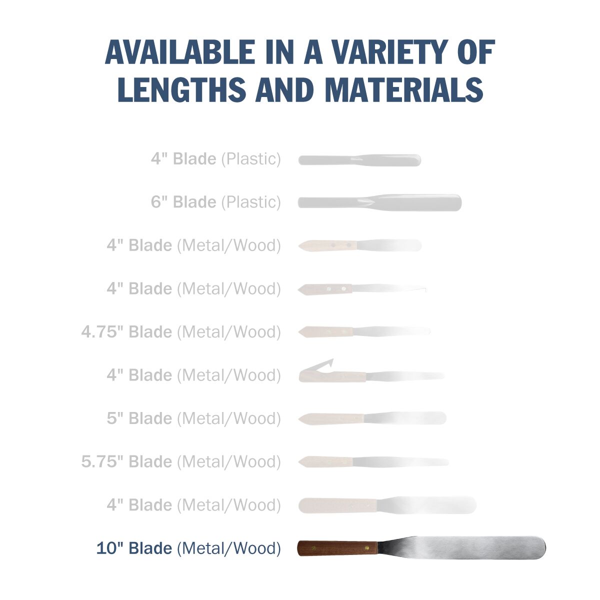Stainless steel spatula is available in a variety of lengths and materials, 10" blade