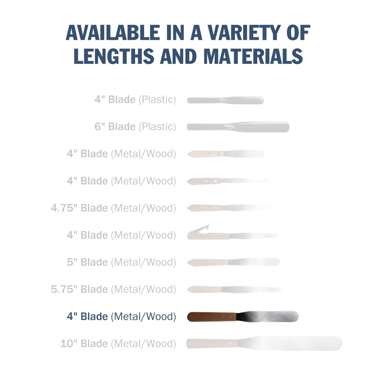 Stainless steel spatula is available in a variety of lengths and materials, 4" blade