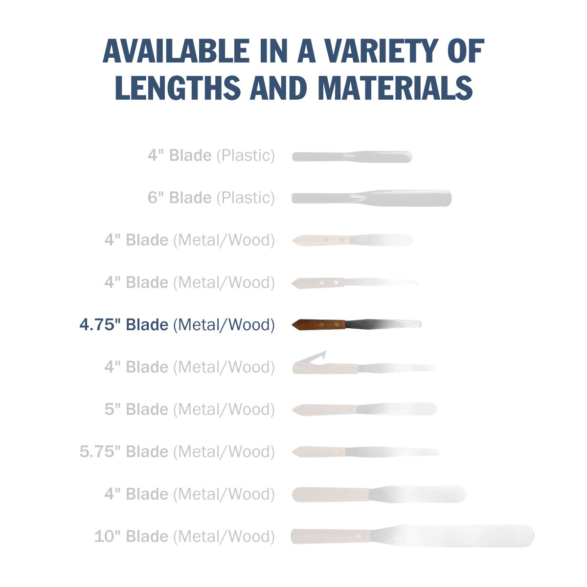 Tapered Stainless Steel Spatula comes in a variety of lengths and materials, 4 3/4" blade