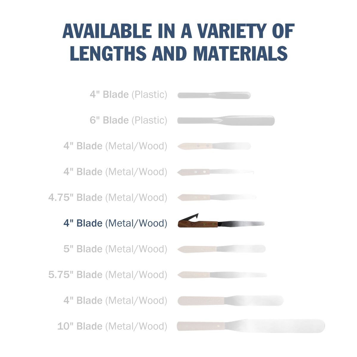 Tapered Stainless Steel Spatula with hook comes in a variety of lengths and materials, 4" blade