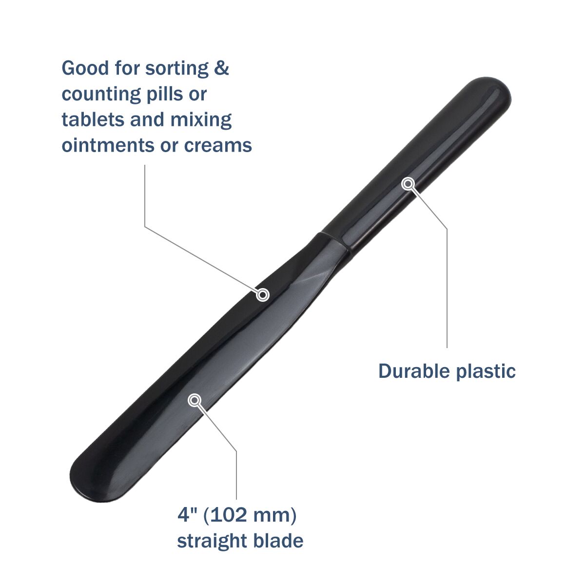 The plastic spatula is made of durable plastic and good for sorting and counting pills, 4" straight blade