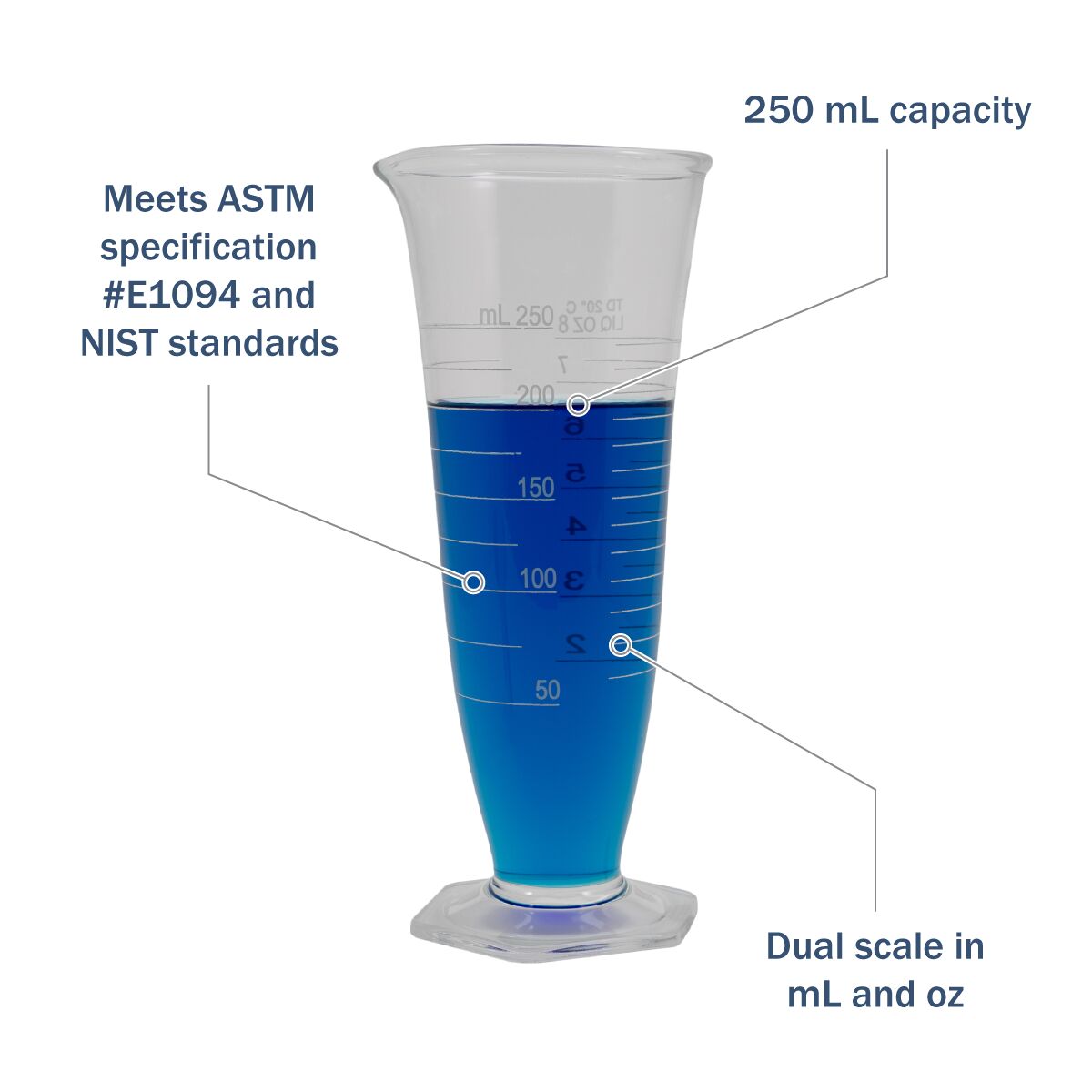 Kimax® Glass Pharmaceutical Dual-Scale Graduates 250 mL features