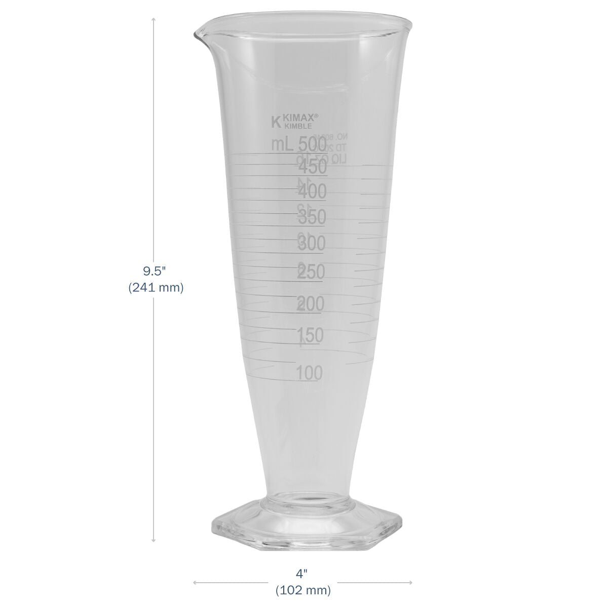 Kimax® Glass Pharmaceutical Dual-Scale Graduates 500 mL dimensions