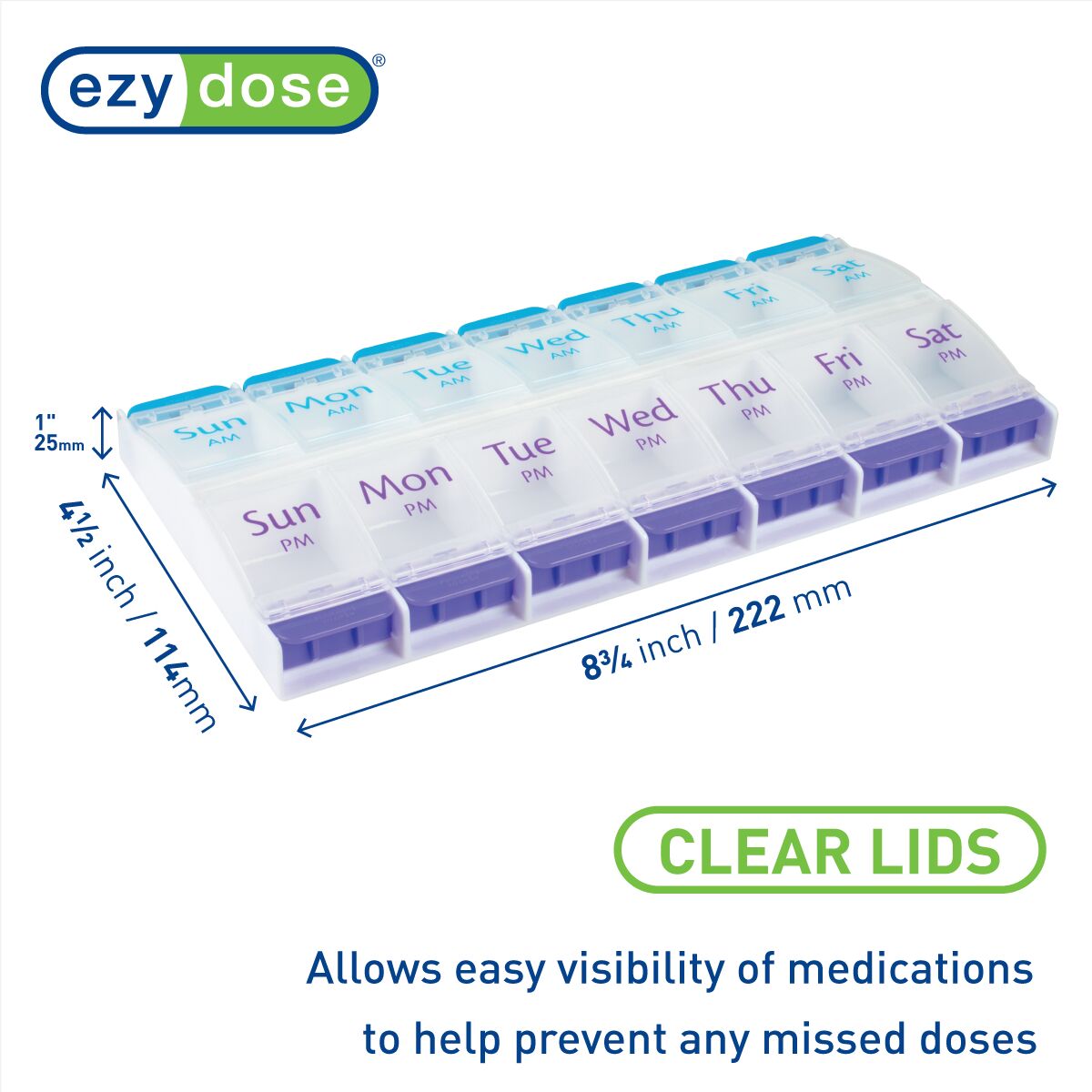 Ezy Dose® Push Button AM/PM Weekly Pill Organizer (XL) has clear lids, allows for easy visibility of medications