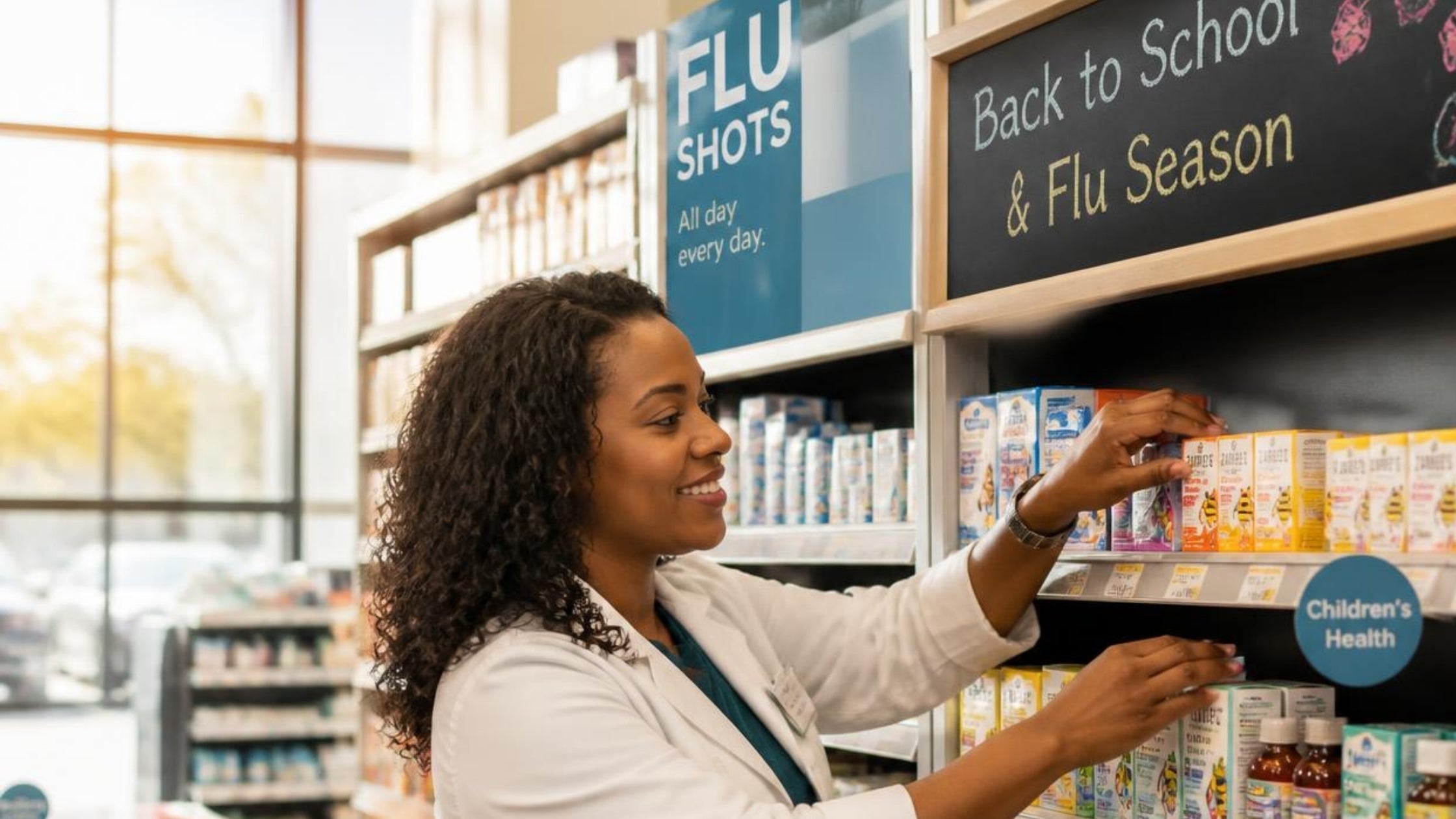 pharmacist stocking shelves for back to school and flu season