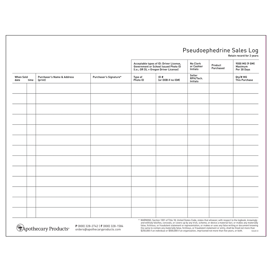 Pseudoephedrine Sales Log