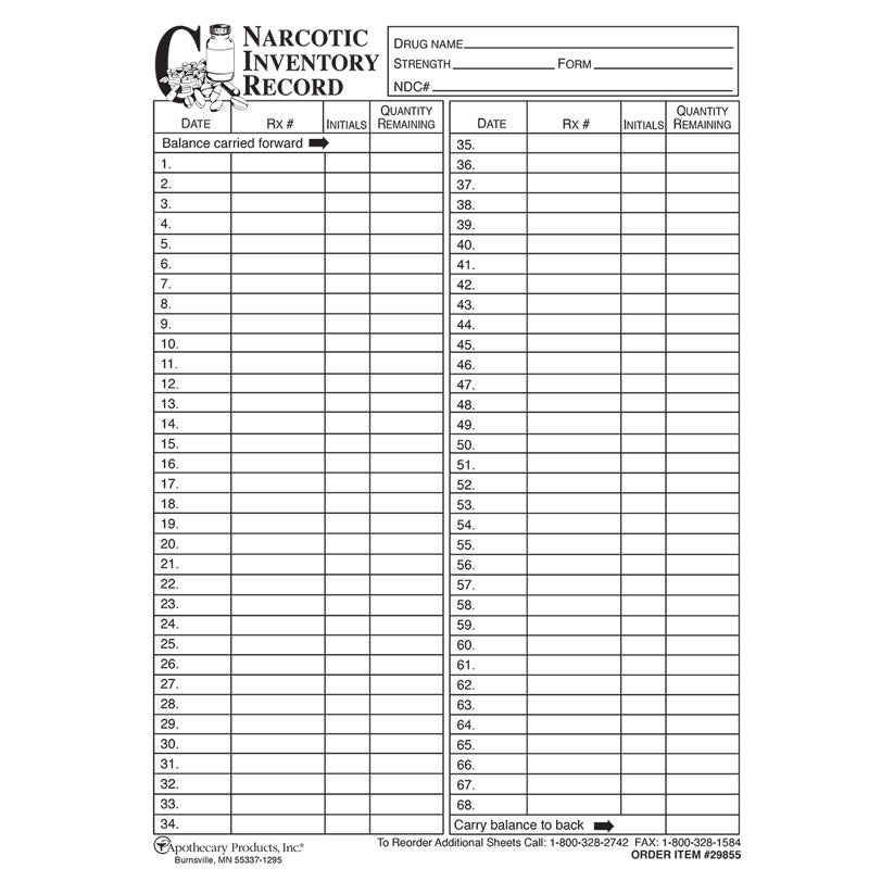 Narcotic Inventory Book Replacement Sheets