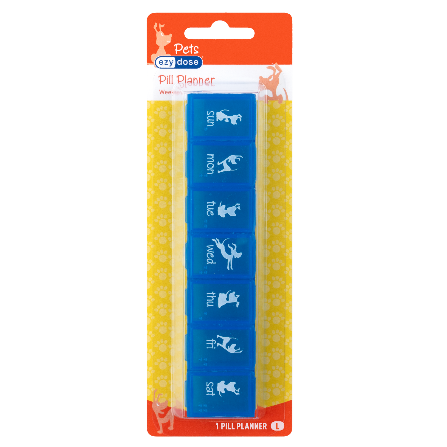 Front packaging of large weekly pill organizer for dogs