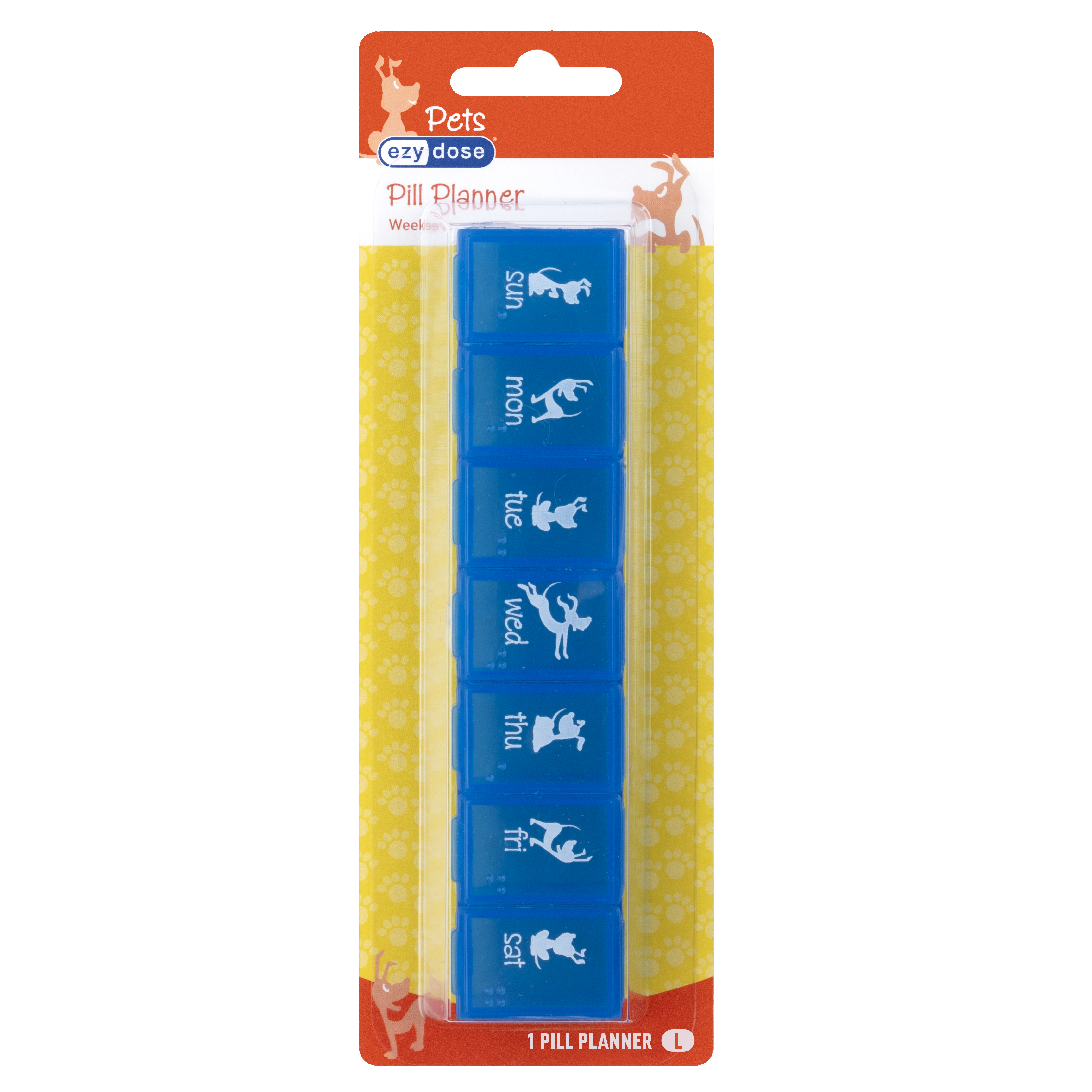 Front packaging of large weekly pill organizer for dogs