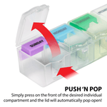 Push 'n pop feature, simply press on the front of the desired compartment and the lid will pop open