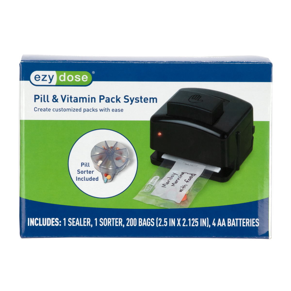 Ezy Dose® Pill & Vitamin Packing System Includes 1 Sorter & 200 Bags