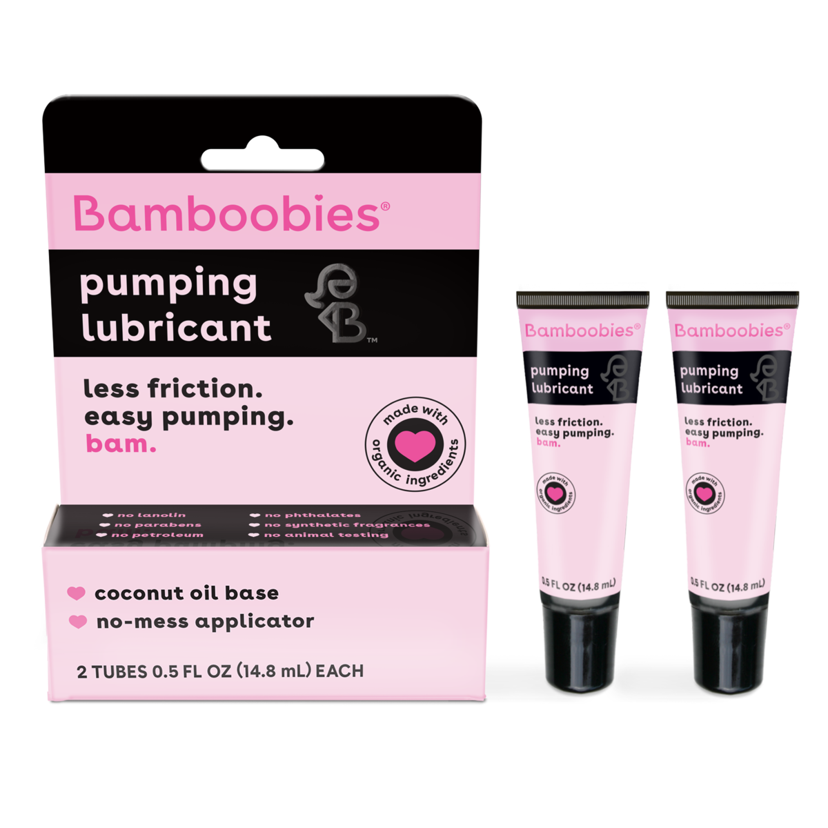 Front of packaging image of boob lube, 2 tubes of pumping lubricant