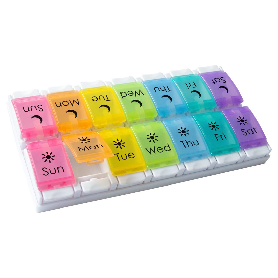 Rainbow push button weekly pill organizer, 2 times a day, am/pm pill organizer