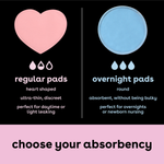 Infographic showing how to choose your absorbency between regular absorbency nursing pads or overnight absorbency