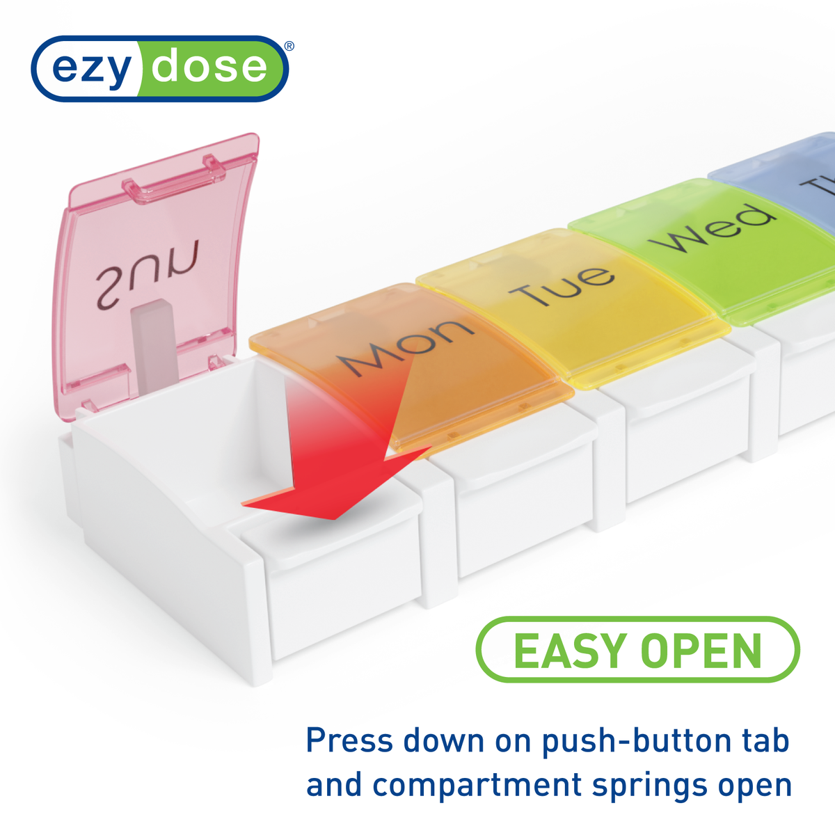 Weekly rainbow pill organizer features easy open push-button tabs that spring open when pressed down