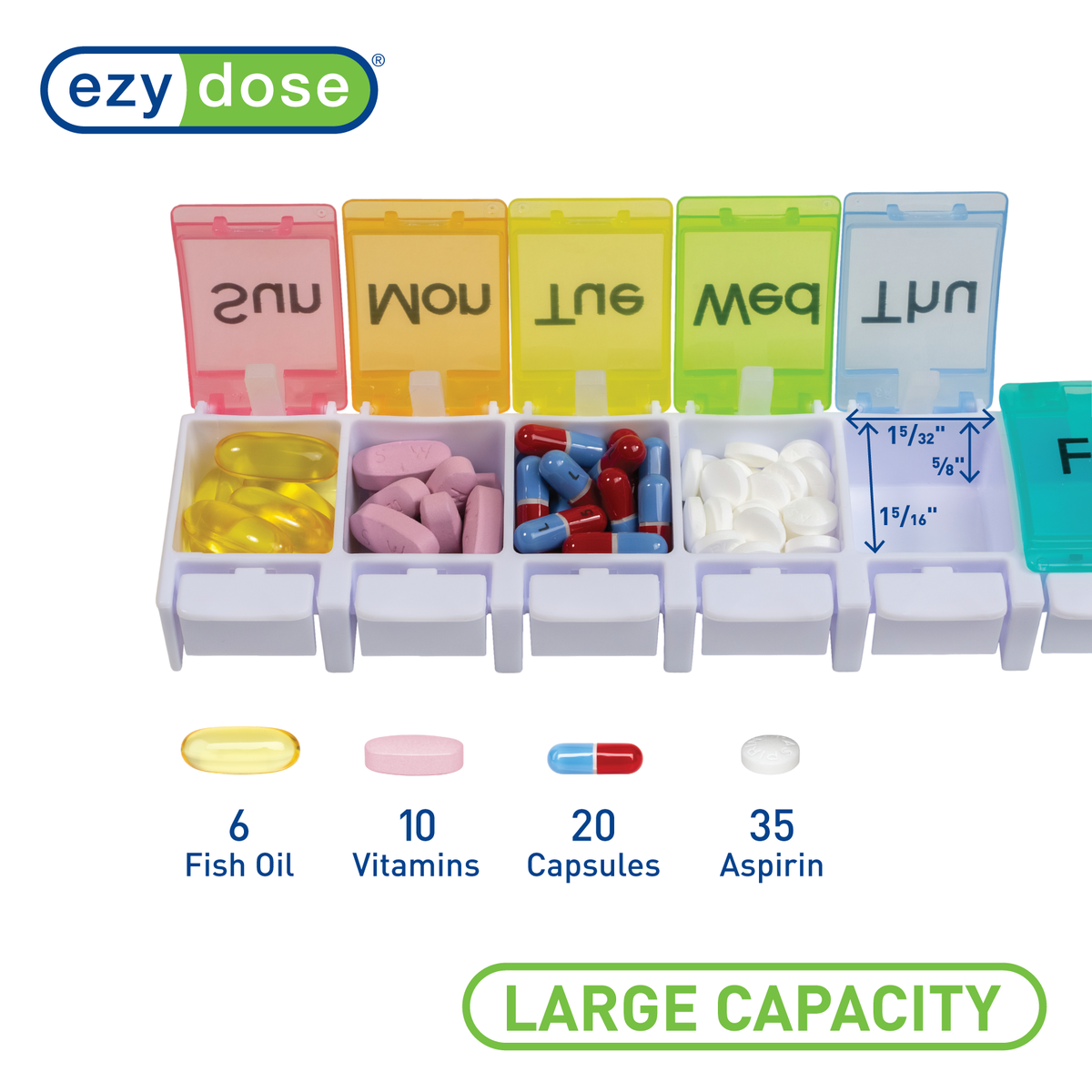 Infographic of Weekly rainbow pill organizer pill capacity amounts