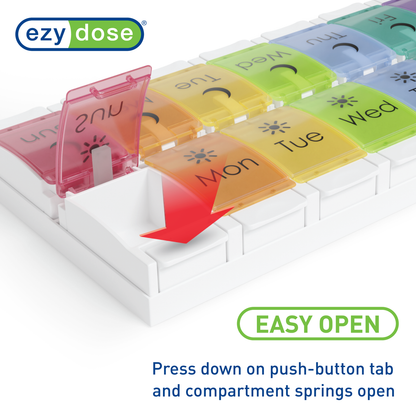 Rainbow weekly pill organizer is easy to open, press down on push-button tab and compartment springs open