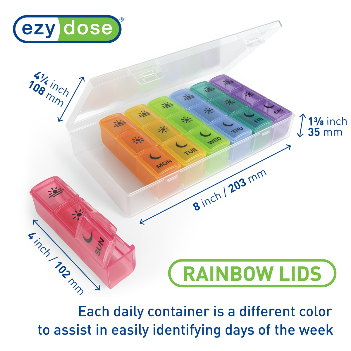 Rainbow weekly pill organizer has rainbow lids to assist in easily identifying days of the week
