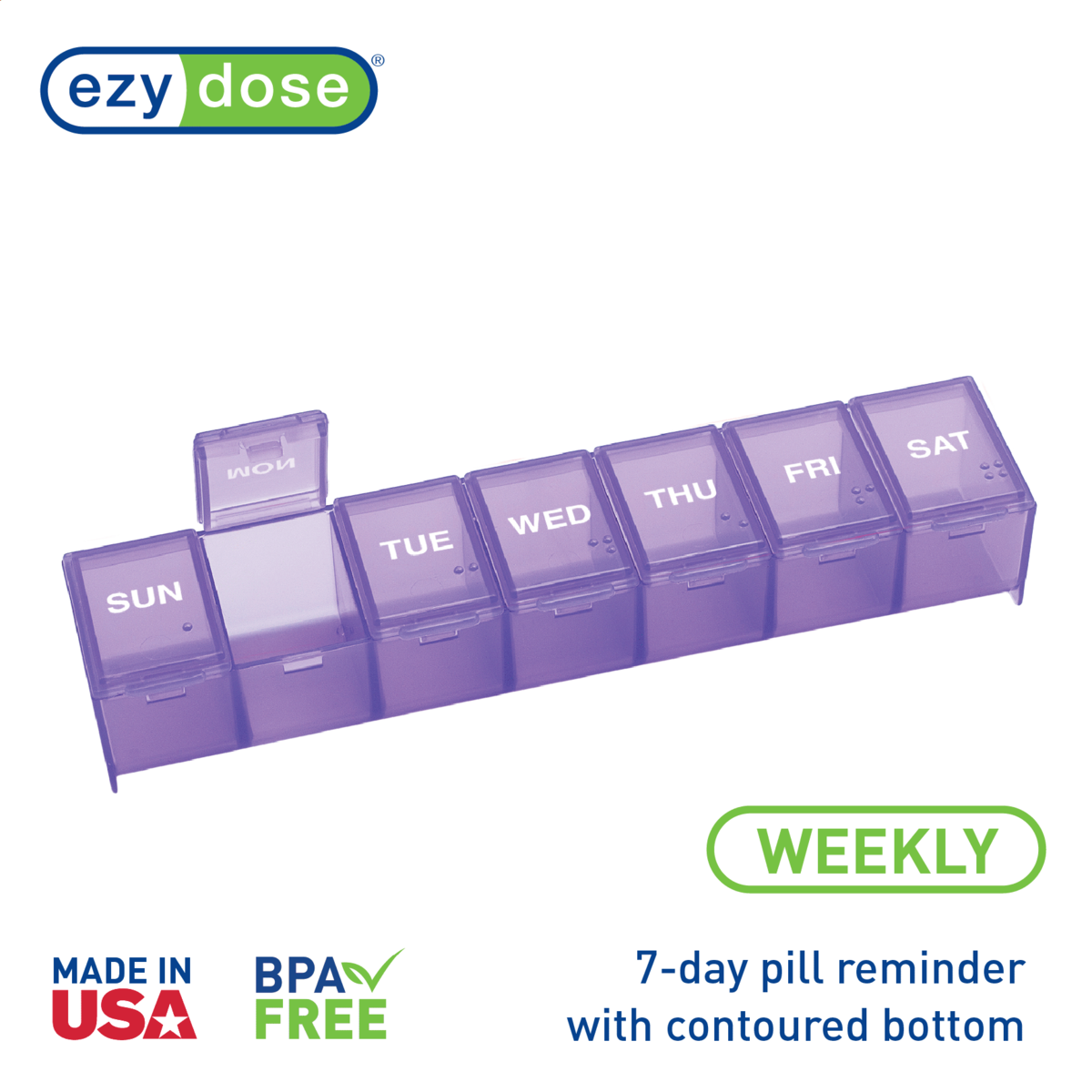 Weekly purple pill organizer made in the USA and BPA free