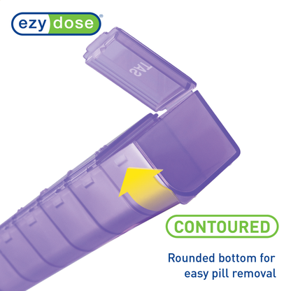 Purple pill organizer with a rounded bottom for easy pill removal