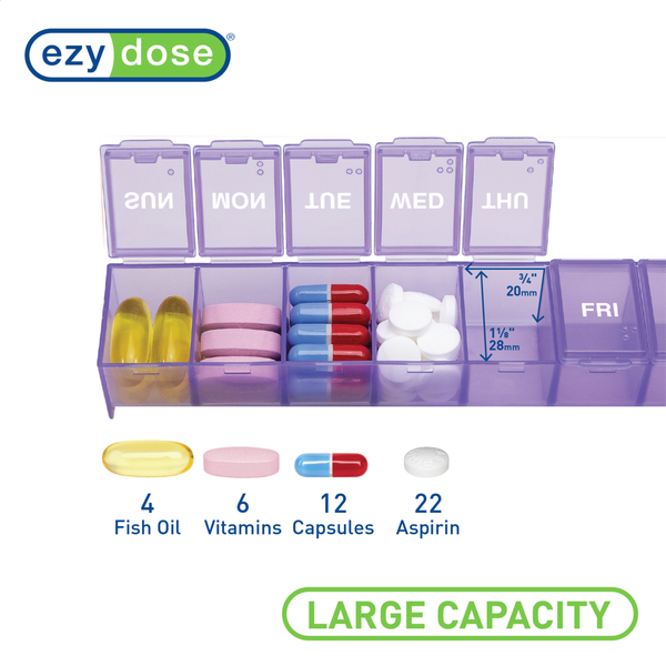 infographic of purple pill organizer pill capacity