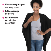 Infograph of features of open nursing cover that offers full coverage comfort and a fashionable wardrobe essential