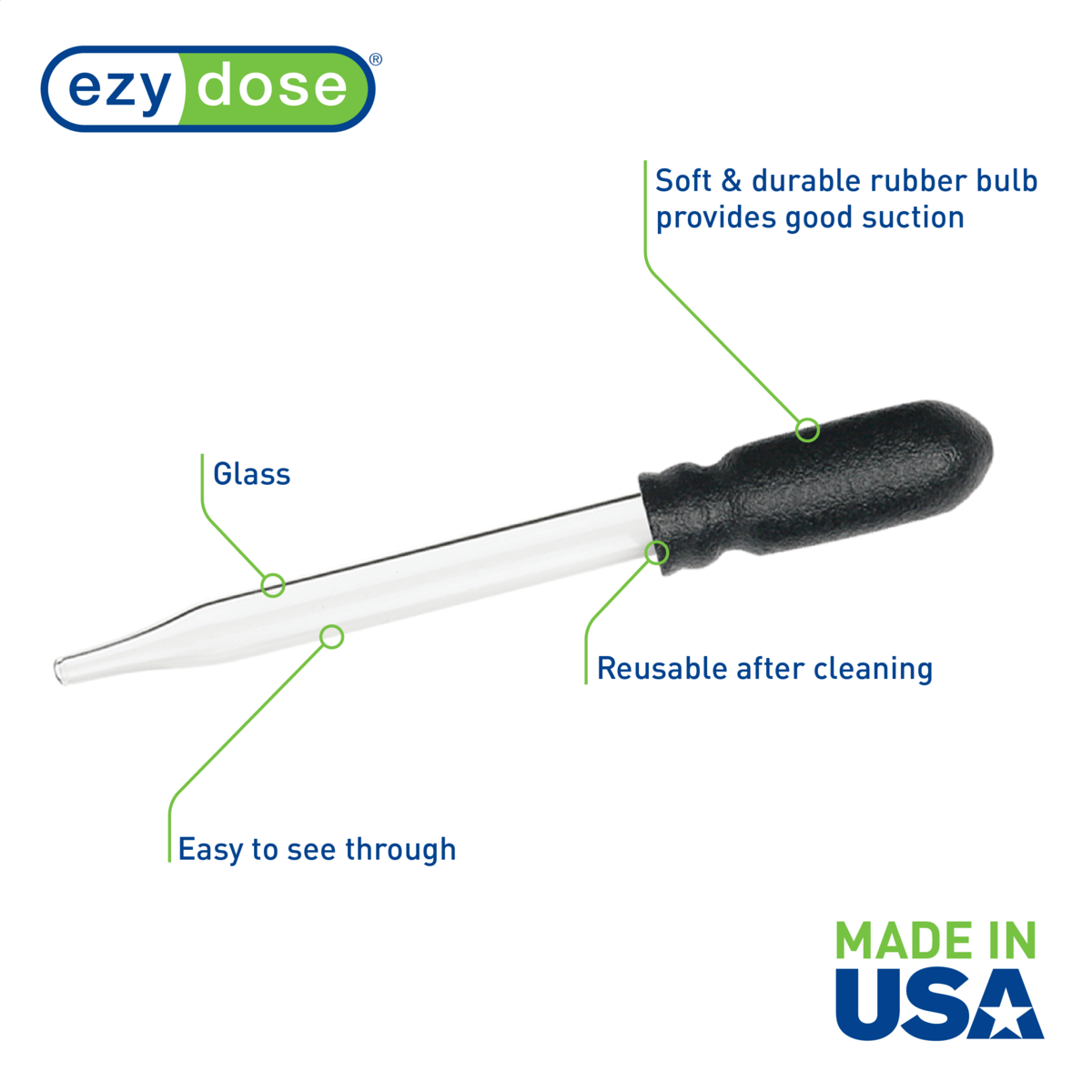 Glass dropper features soft durable rubber bulb that provides good suction and is reusable