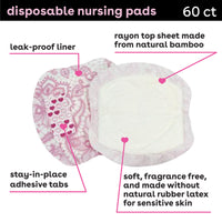 Features disposable nursing pads that include a leak-proof liner with adhesive tabs