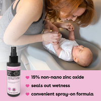 Diaper rash spray seals out wetness and has a convenient spray-on formula