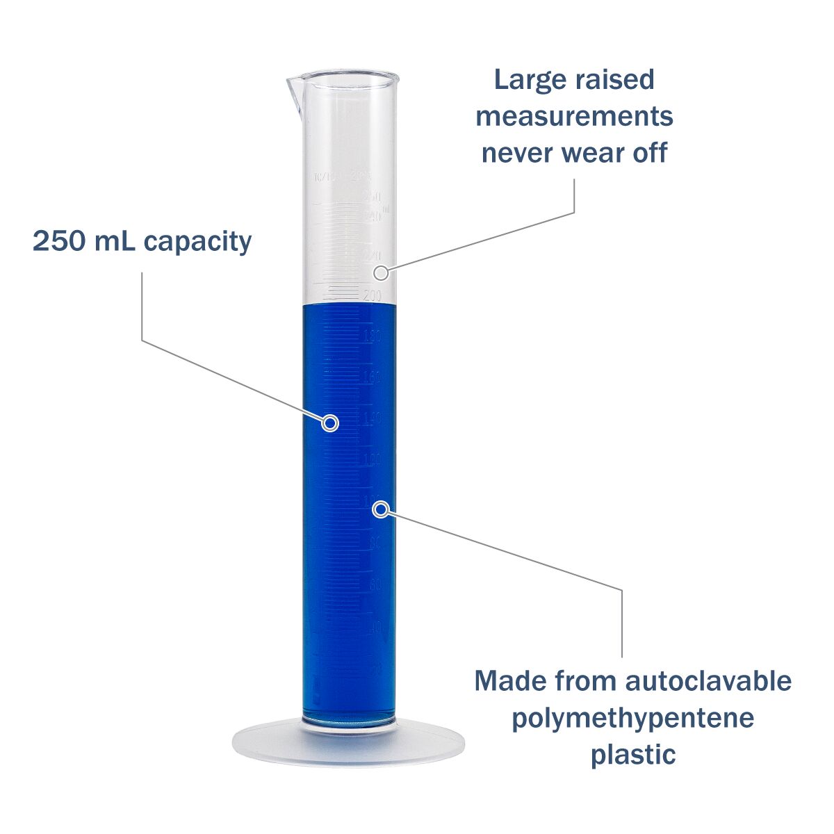Transparent &amp; Autoclavable Graduated Cylinder 250 mL features