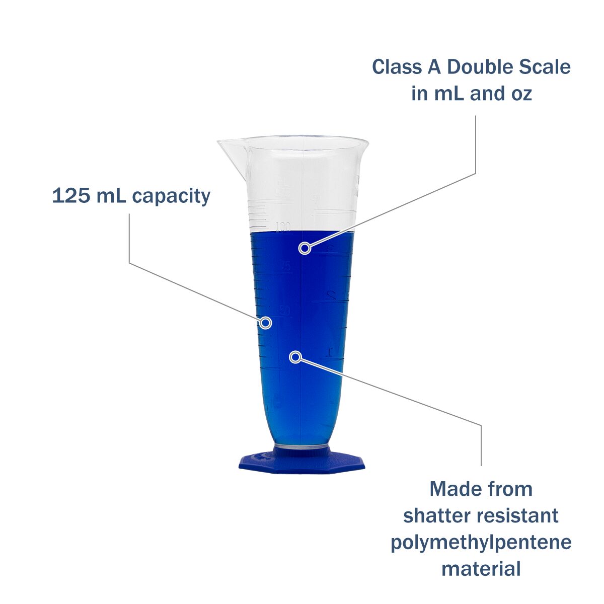 Double-Scale Polymethylpentene Pharmaceutical Graduate 125 mL features