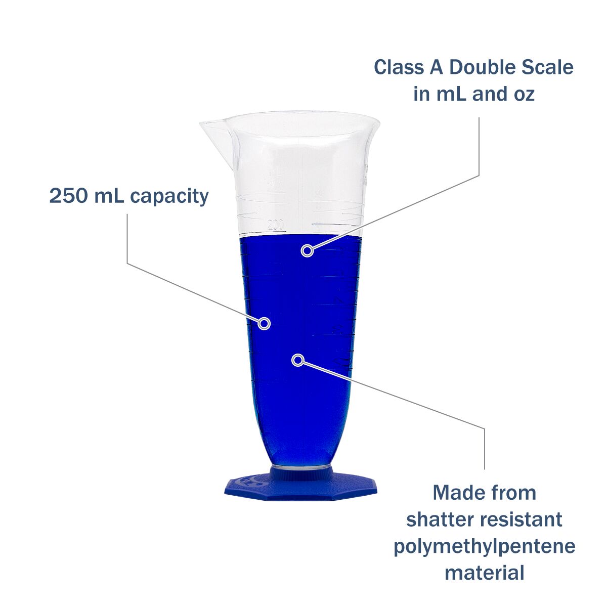 Double-Scale Polymethylpentene Pharmaceutical Graduate 250 mL features