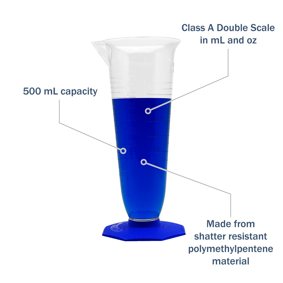 Double-Scale Polymethylpentene Pharmaceutical Graduate 500 mL features