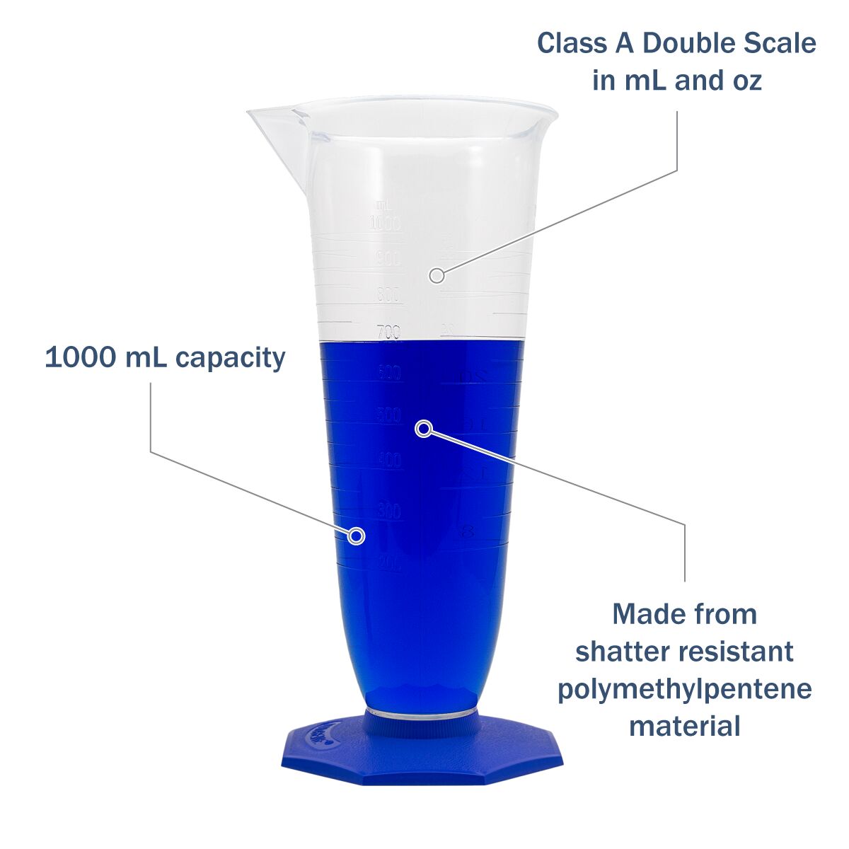 Double-Scale Polymethylpentene Pharmaceutical Graduate 1000 mL features