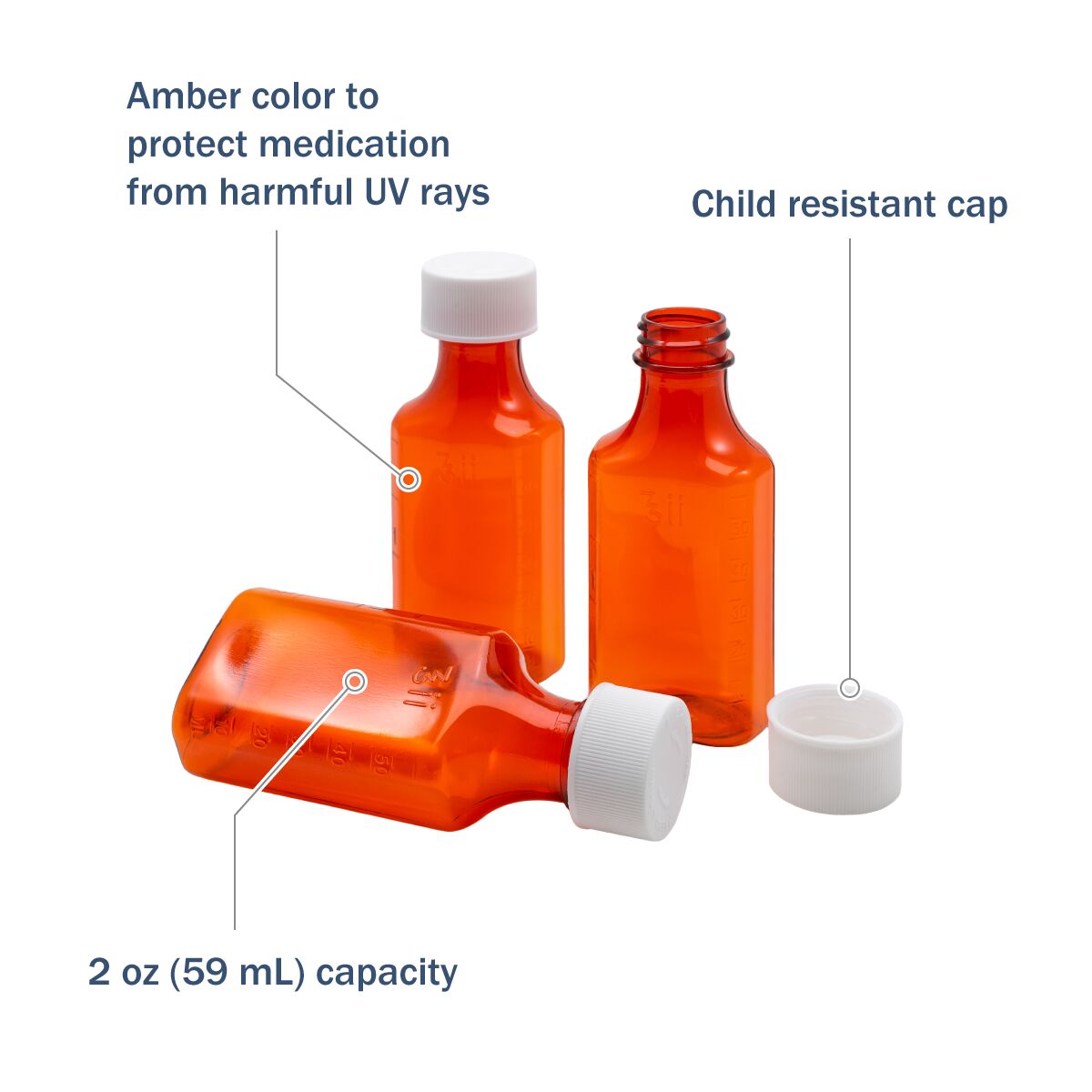 The amber color protects medication from harmful UV rays and has a child resistant cap