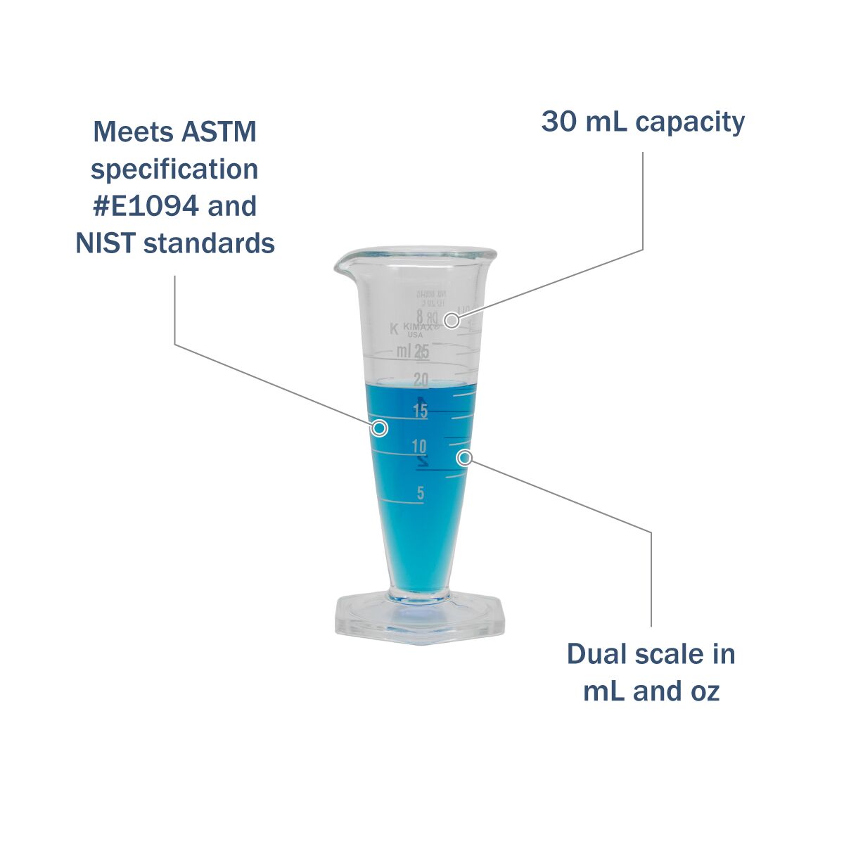 Kimax® Glass Pharmaceutical Dual-Scale Graduates 30 mL features