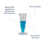 Kimax® Glass Pharmaceutical Dual-Scale Graduates 30 mL features