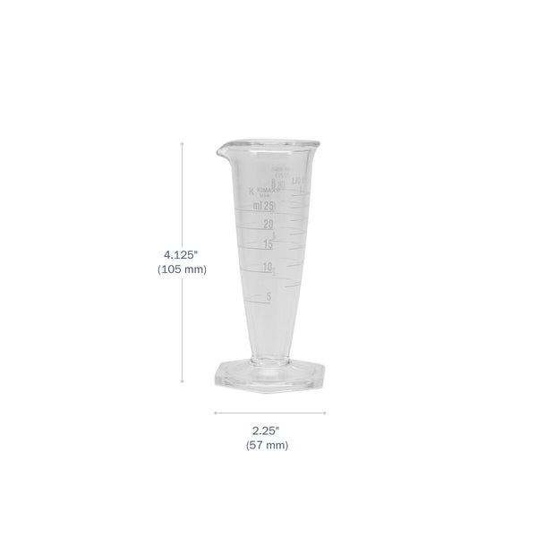 Kimax® Glass Pharmaceutical Dual-Scale Graduates 30 mL dimensions