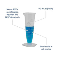 Kimax® Glass Pharmaceutical Dual-Scale Graduates 50 mL features