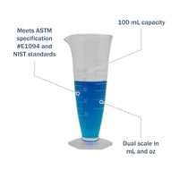 Kimax® Glass Pharmaceutical Dual-Scale Graduates 100 mL features